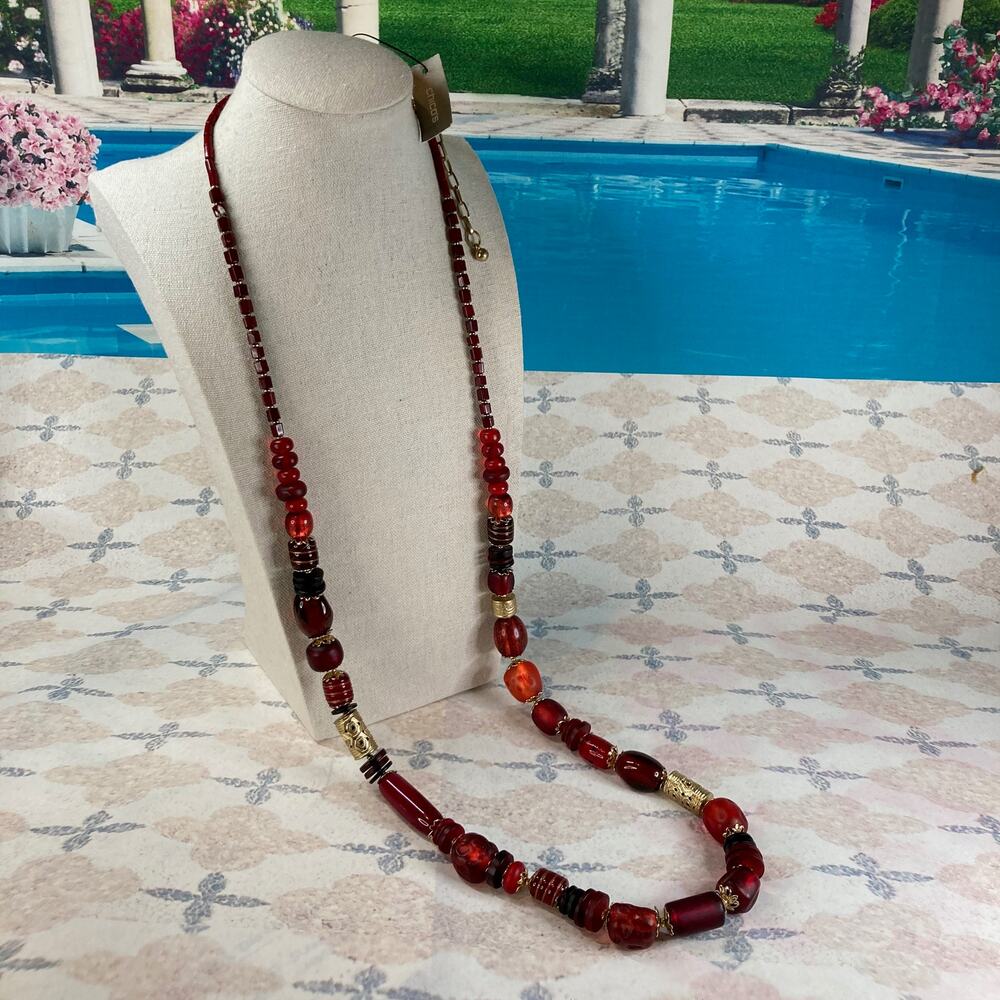 Chico's Single-Strand Red, Black, and Gold Beaded Opera-Length Necklace NWT